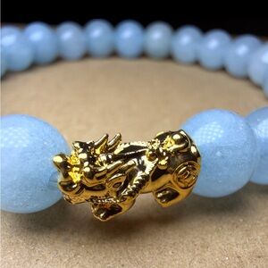 New 18K Solid Real Gold Bracelet w blue gemstones and solid 18K gold pixiu charm